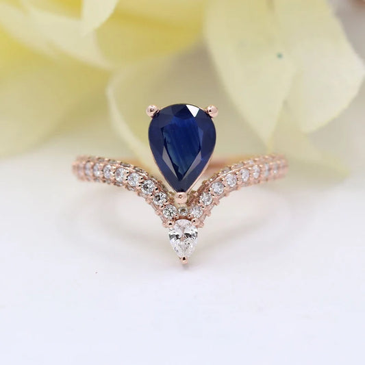 14K SAPPHIRE DIAMOND CHEVRON RING