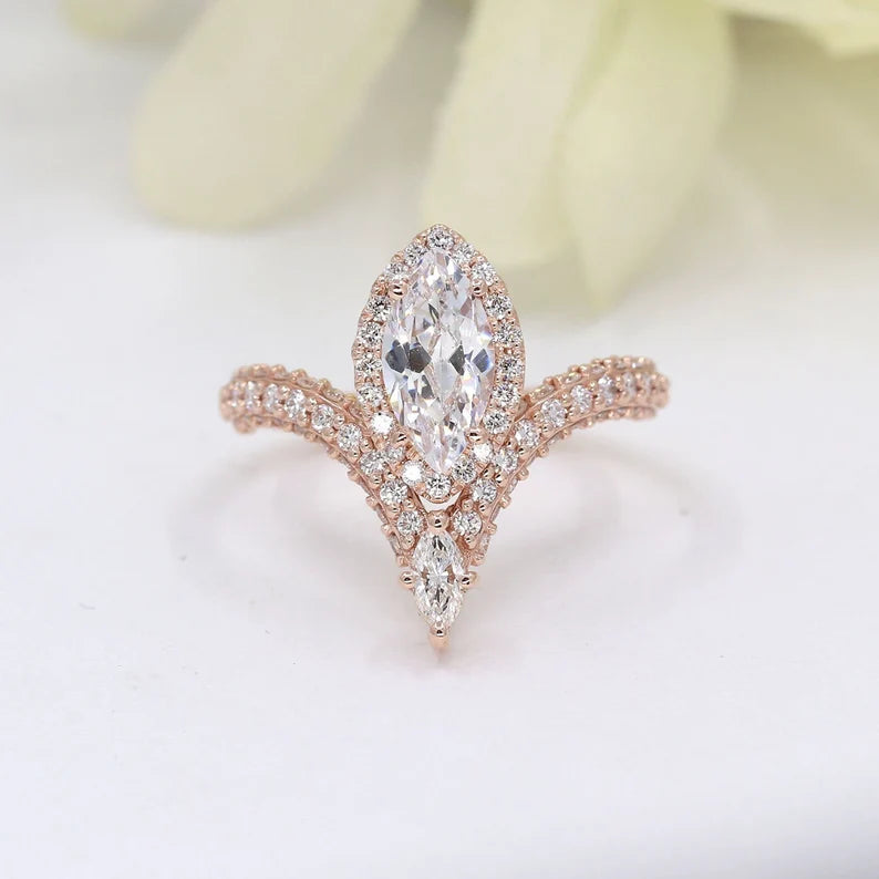 14K MARQUISE MOISSANITE DIAMOND HALO CHEVRON RING