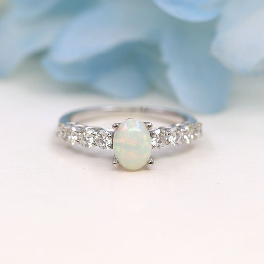 14K OVAL OPAL DIAMOND RING