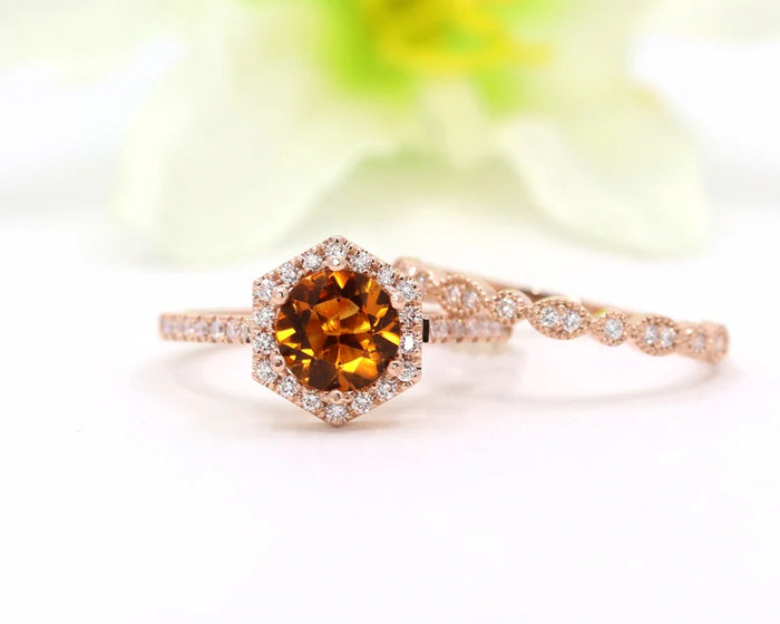 14K CITRINE DIAMOND HALO HEXAGON RING ART DECO BAND SET