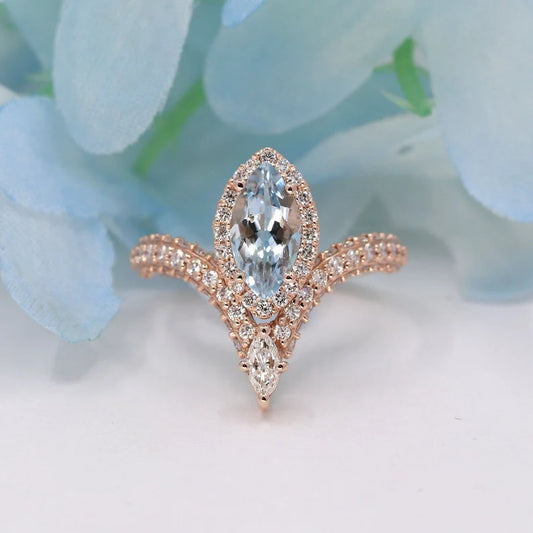 14K MARQUISE AQUAMARINE DIAMOND HALO CHEVRON RING