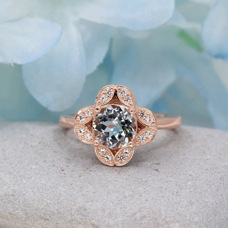 14K AQUAMARINE DIAMOND FLOWER RING