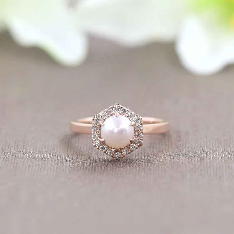 14K PEARL DIAMOND HALO HEXAGON RING