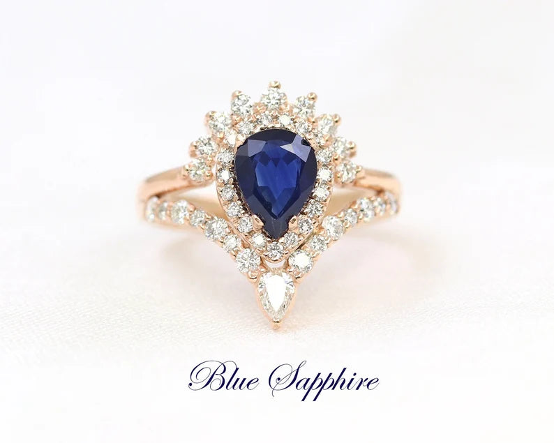 14K SAPPHIRE DIAMOND HALO CHEVRON RING