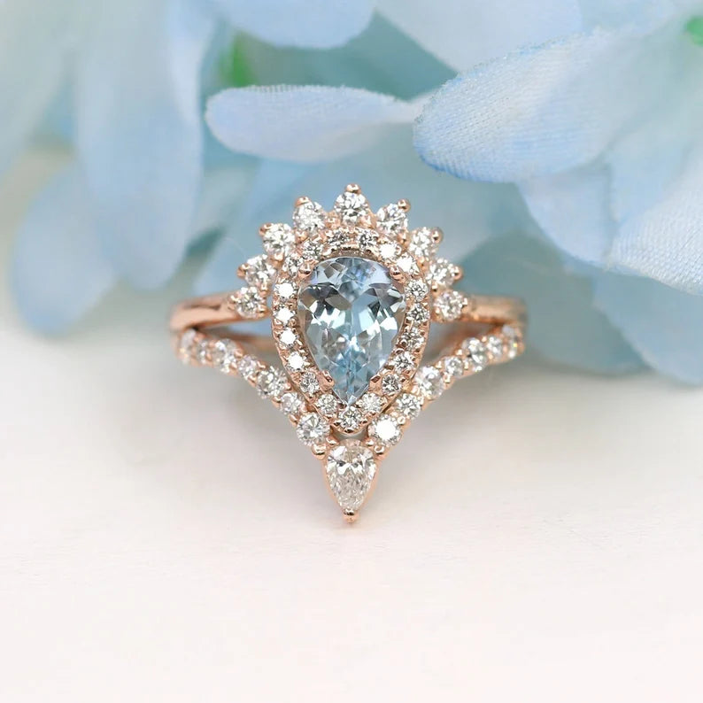 14K PEAR AQUAMARINE DIAMOND HALO CROWN CHEVRON RING