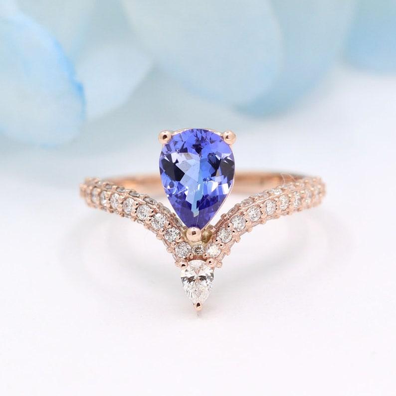 14K PEAR TANZANITE DIAMOND CHEVRON RING