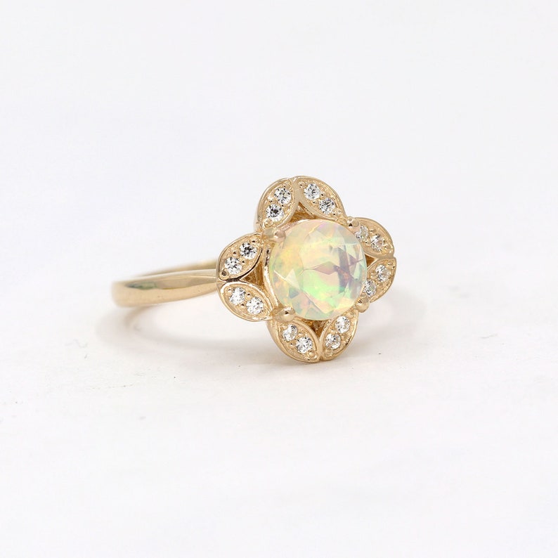 14K OPAL DIAMOND FLOWER RING