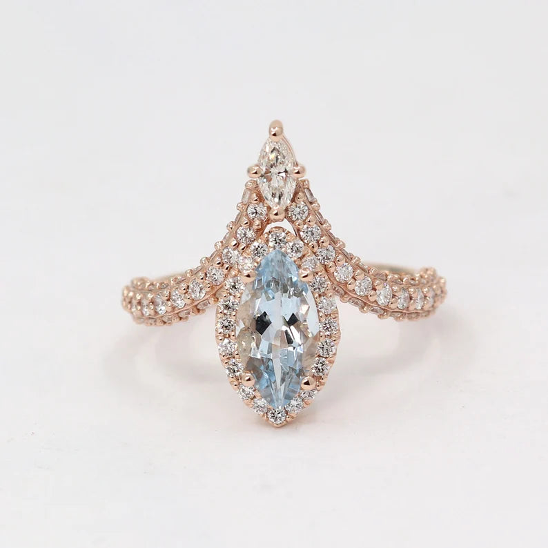 14K MARQUISE AQUAMARINE DIAMOND HALO CHEVRON RING