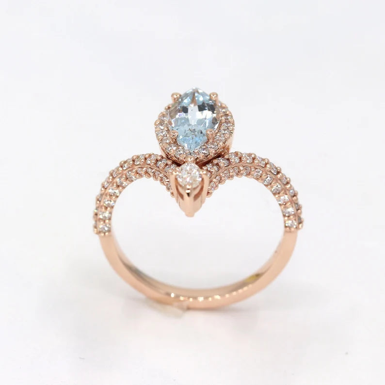 14K MARQUISE AQUAMARINE DIAMOND HALO CHEVRON RING