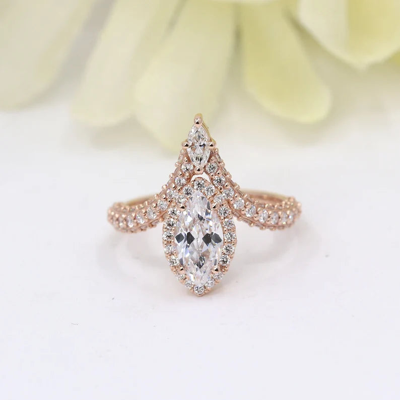 14K MARQUISE MOISSANITE DIAMOND HALO CHEVRON RING