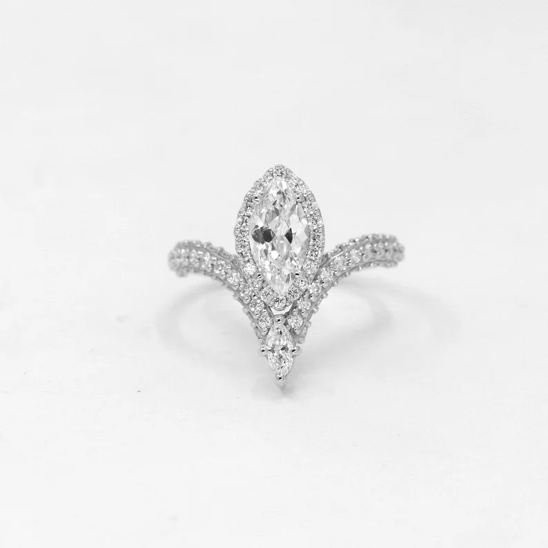 14K MARQUISE MOISSANITE DIAMOND HALO CHEVRON RING