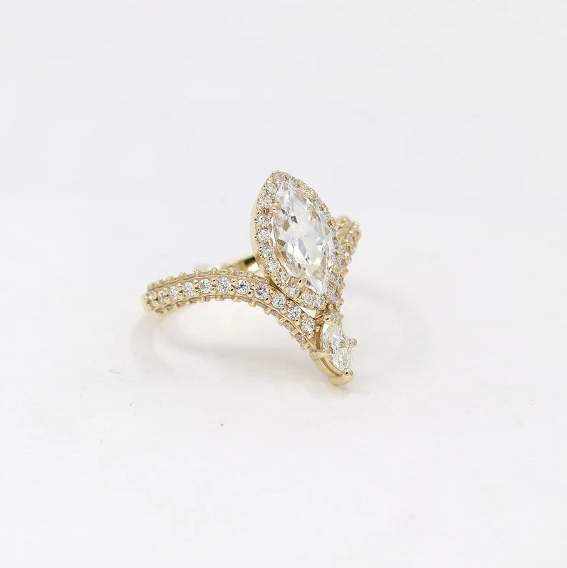 14K MARQUISE MOISSANITE DIAMOND HALO CHEVRON RING