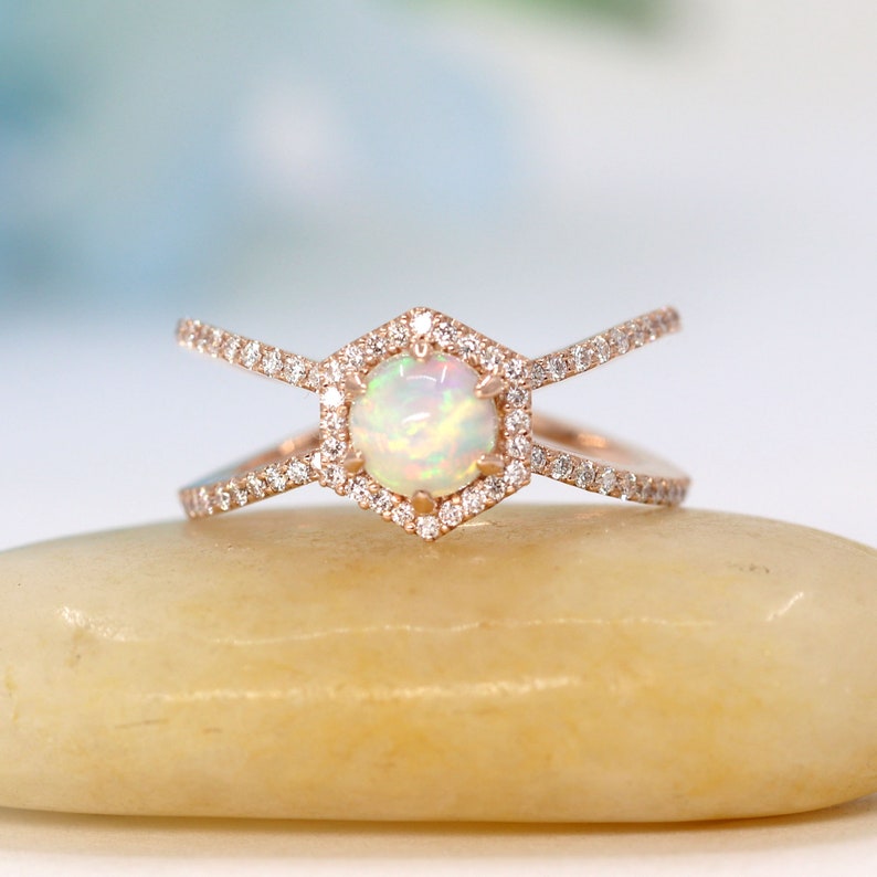 14K OPAL DIAMOND HALO HEXAGON DOUBLE BAND RING