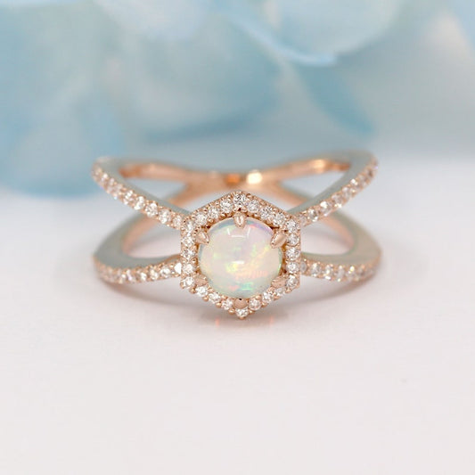 14K OPAL DIAMOND HALO HEXAGON DOUBLE BAND RING