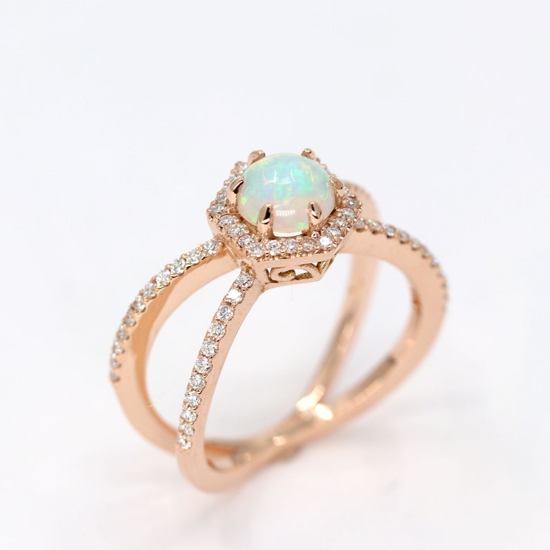 14K OPAL DIAMOND HALO HEXAGON DOUBLE BAND RING