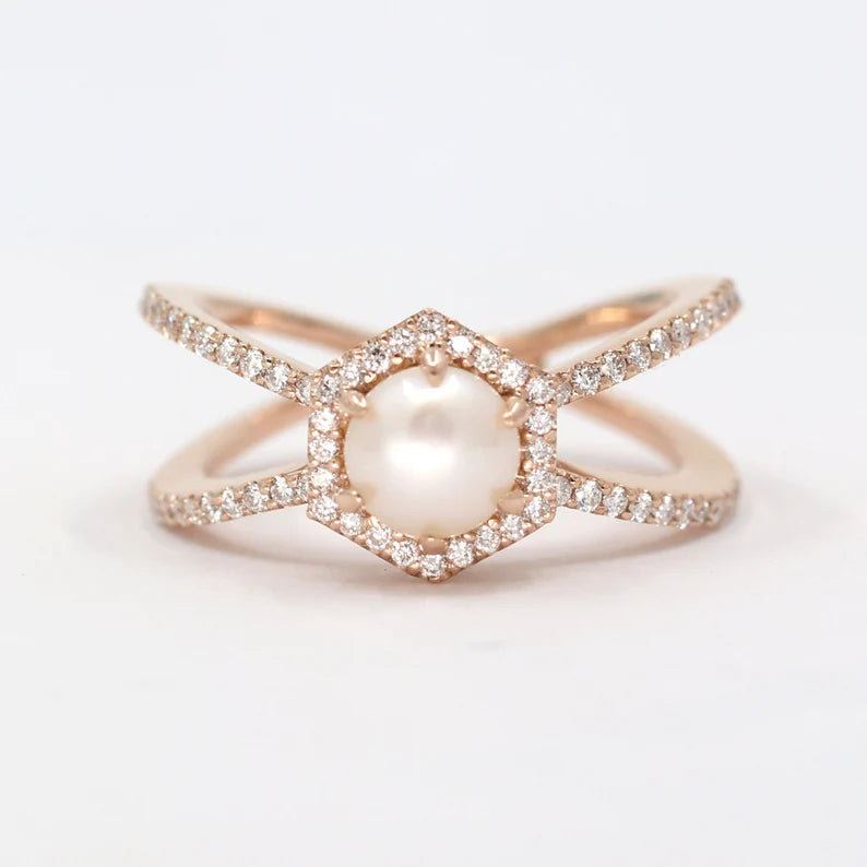 14K PEARL DIAMOND HALO HEXAGON DOUBLE BAND RING