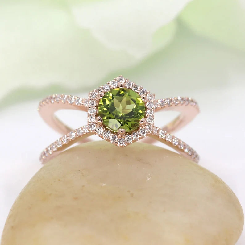 14K PERIDOT DIAMOND HALO HEXAGON RING