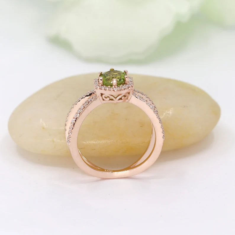 14K PERIDOT DIAMOND HALO HEXAGON RING