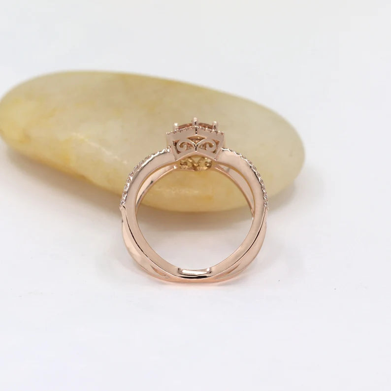 14K MORGANITE DIAMOND HALO HEXAGON DOUBLE BAND RING