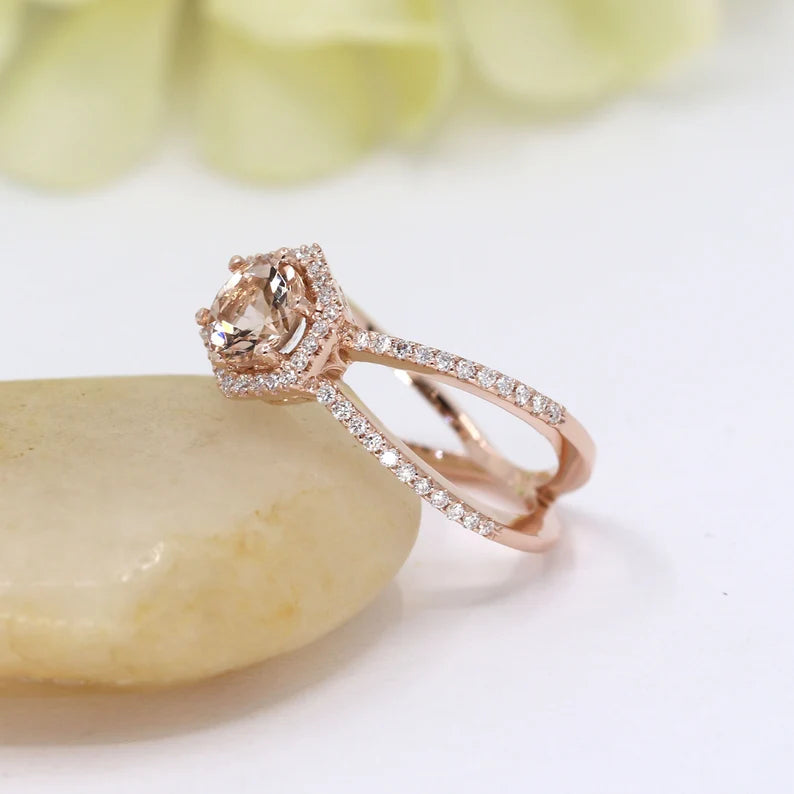 14K MORGANITE DIAMOND HALO HEXAGON DOUBLE BAND RING