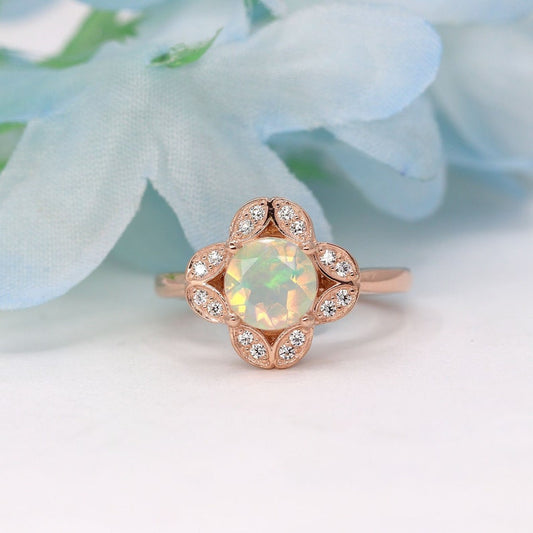 14K OPAL DIAMOND FLOWER RING