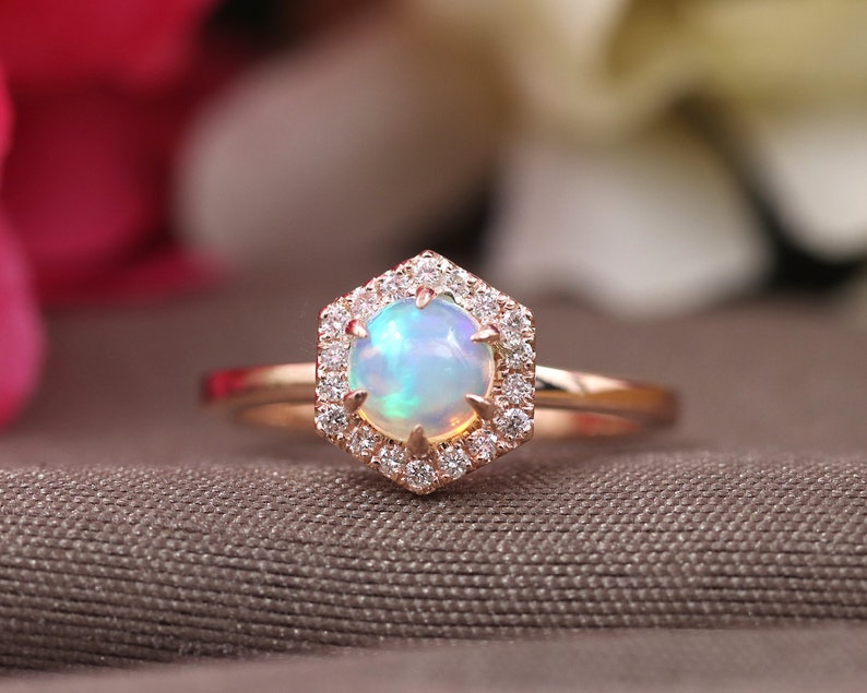 14K OPAL DIAMOND HALO HEXAGON SOLITAIRE RING