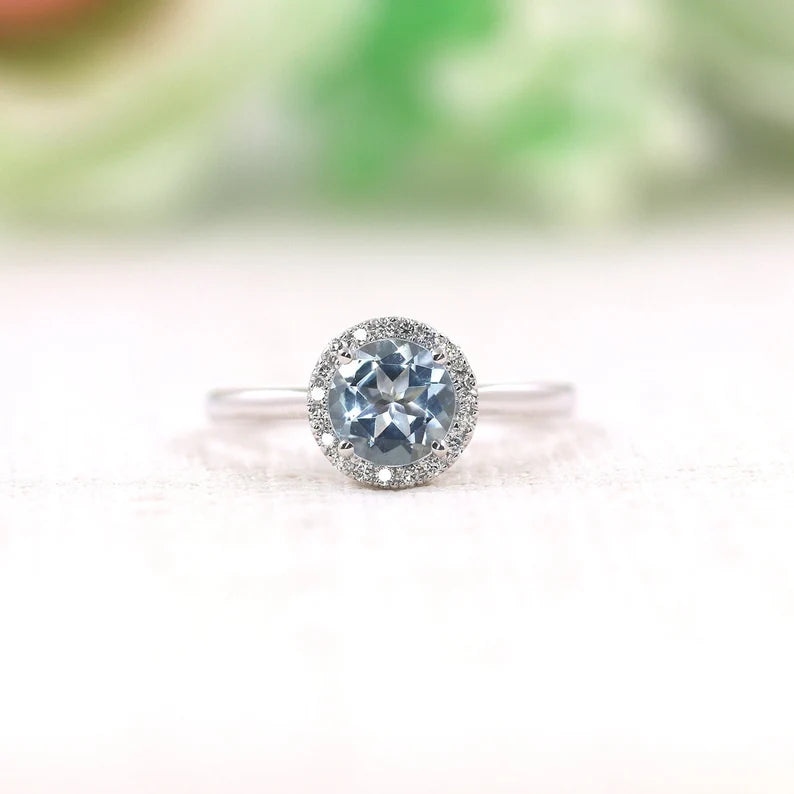 14K AQUAMARINE DIAMOND HALO SOLITAIRE RING