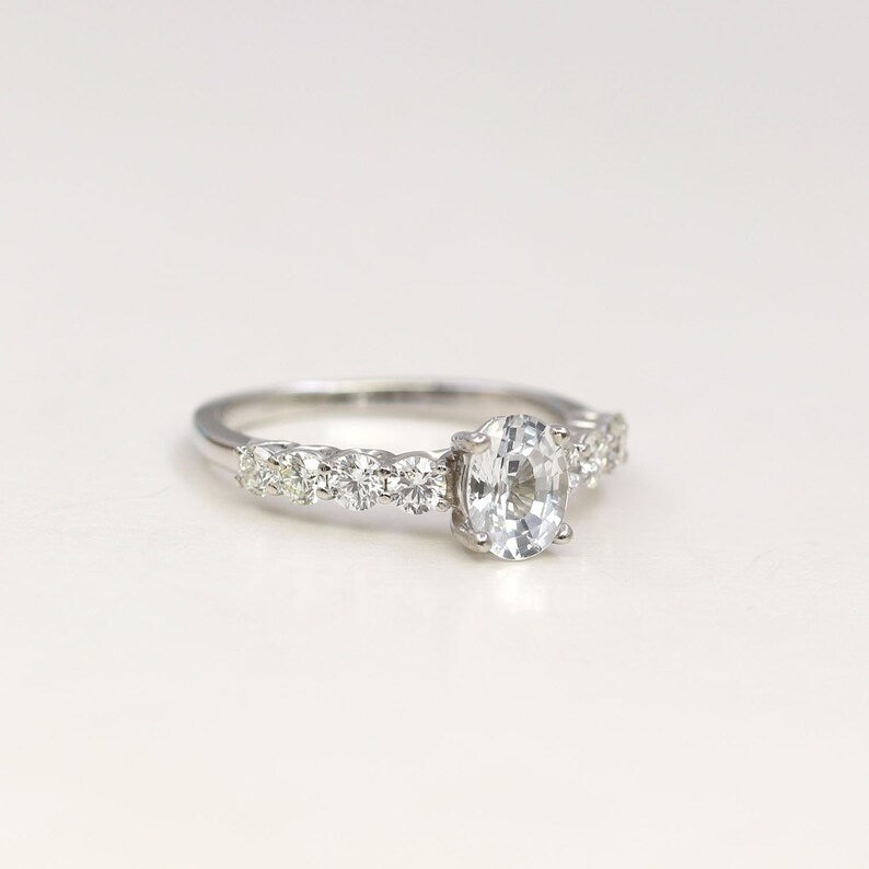 14K OVAL WHITE SAPPHIRE DIAMOND RING