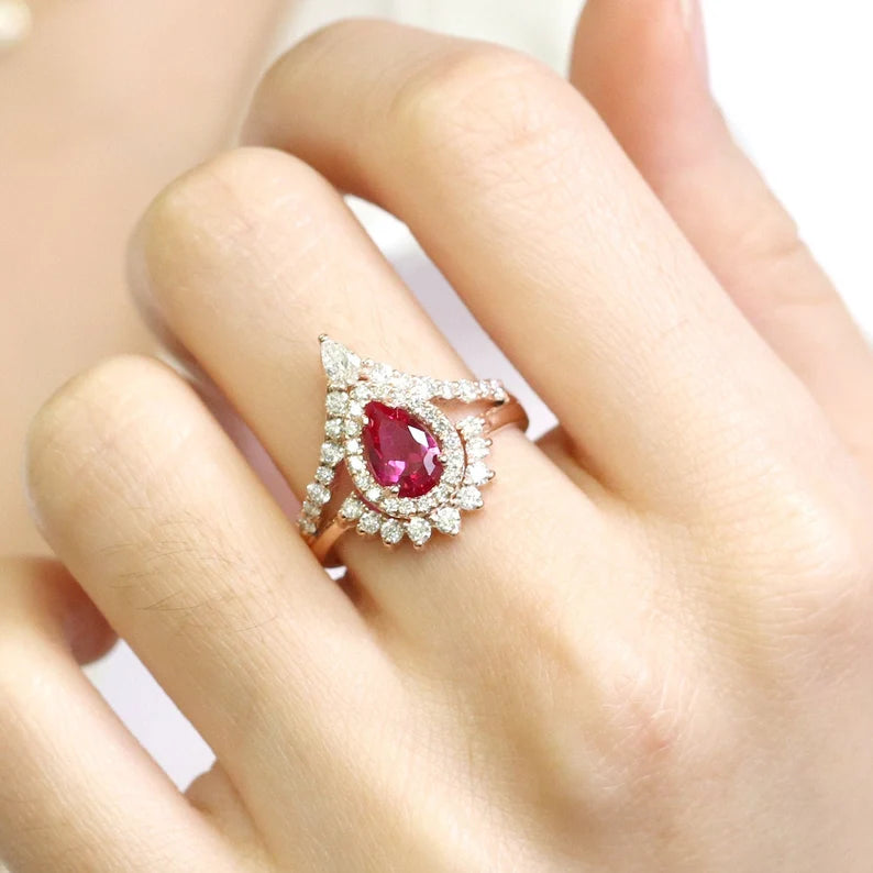 14K RUBY DIAMOND HALO CHEVRON RING