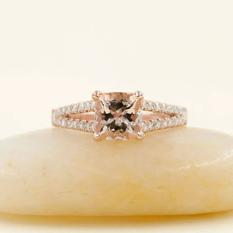 14K CUSHION MORGANITE DIAMOND RING