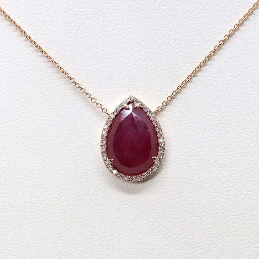 14K 6.2CT PEAR RUBY DIAMOND HALO NECKLACE