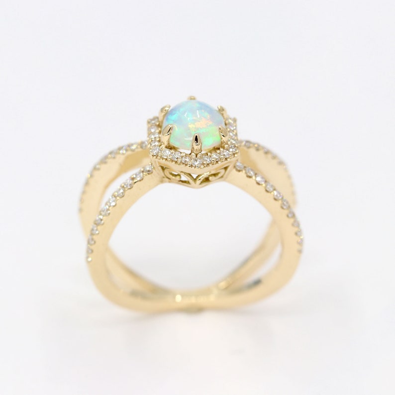 14K OPAL DIAMOND HALO HEXAGON DOUBLE BAND RING