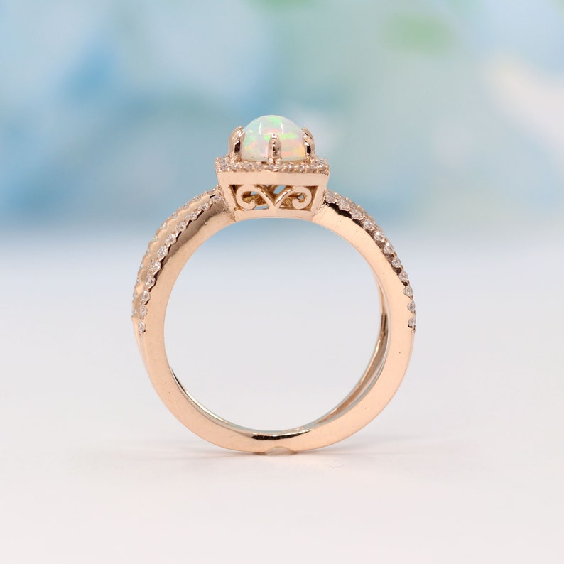 14K OPAL DIAMOND HALO HEXAGON DOUBLE BAND RING