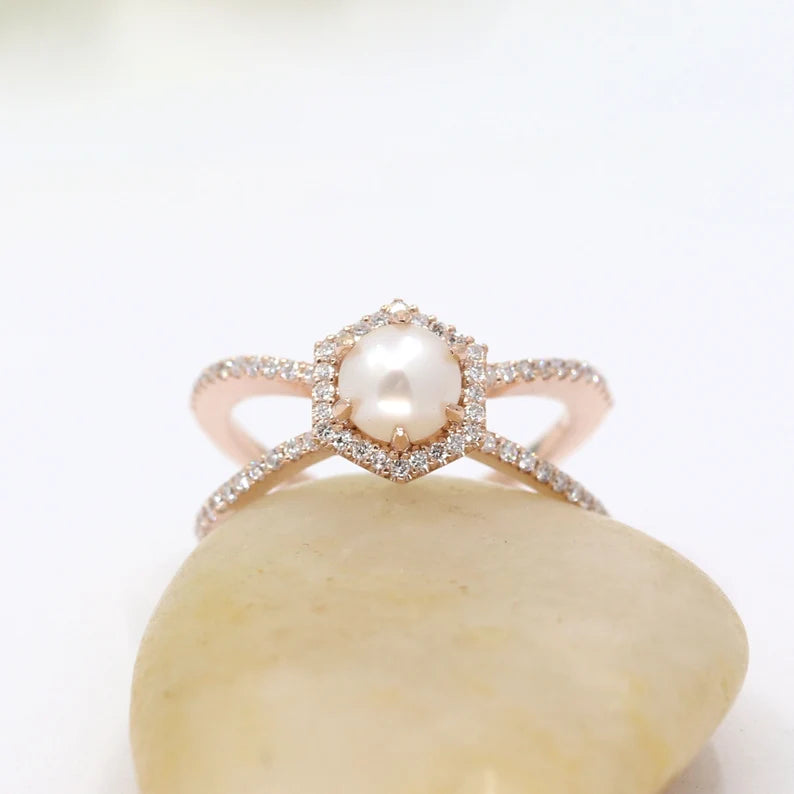 14K PEARL DIAMOND HALO HEXAGON DOUBLE BAND RING