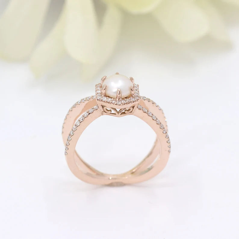 14K PEARL DIAMOND HALO HEXAGON DOUBLE BAND RING