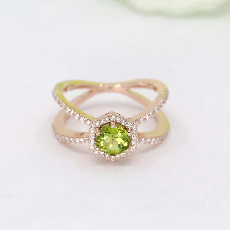 14K PERIDOT DIAMOND HALO HEXAGON RING