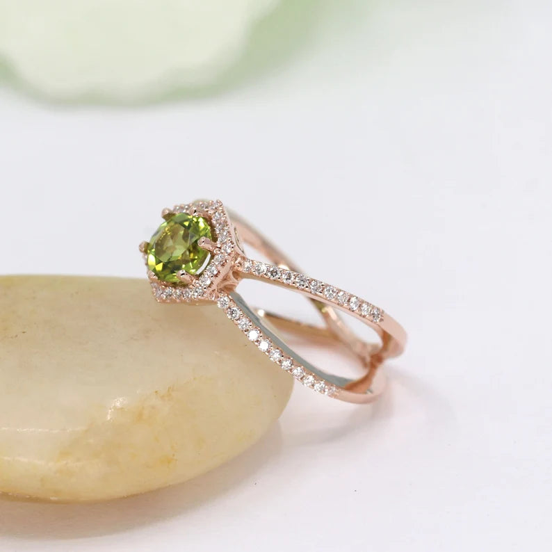 14K PERIDOT DIAMOND HALO HEXAGON RING