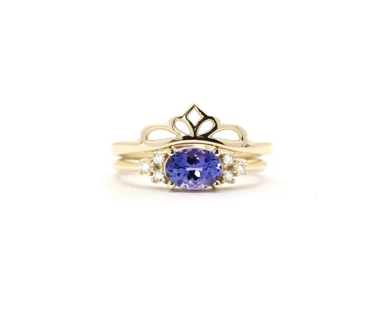 14K TANZANITE DIAMOND PLAIN CROWN BAND 2 RING SET