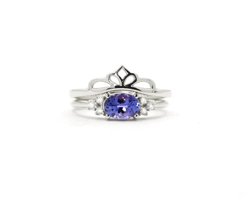 14K TANZANITE DIAMOND PLAIN CROWN BAND 2 RING SET