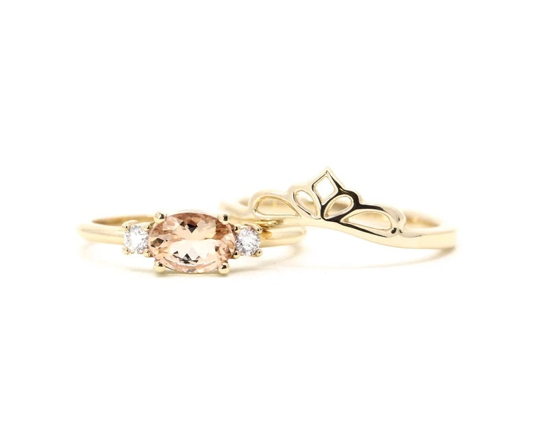 14K MORGANITE DIAMOND PLAIN CROWN BAND 2 RING SET