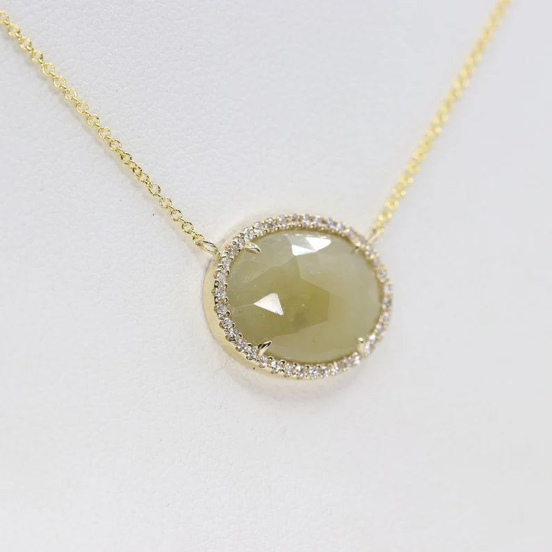 14K 6.4CT GREEN SAPPHIRE DIAMOND HALO NECKLACE