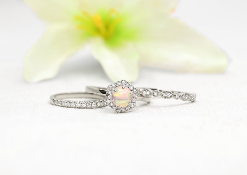 14K OPAL DIAMOND HALO HEXAGON RING ART DECO BAND 3 RING SET