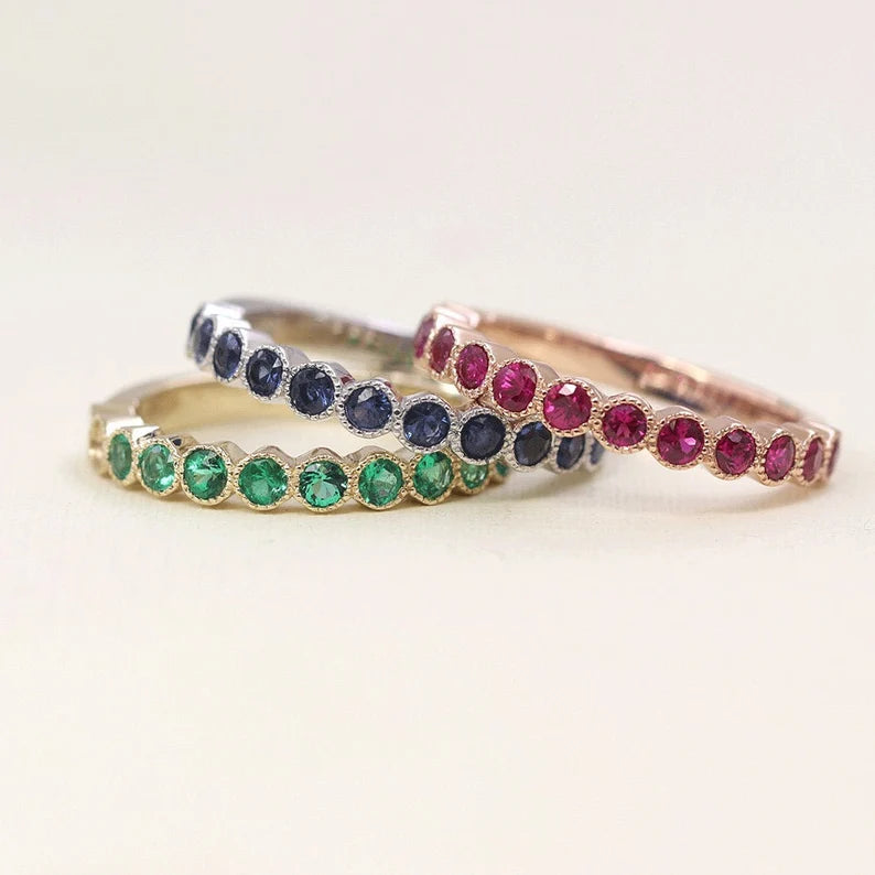 14K EMERALD SAPPHIRE RUBY 3 BAND SET