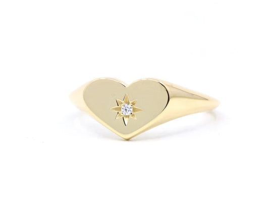 14K FLAME DIAMOND HEART SIGNET BAND