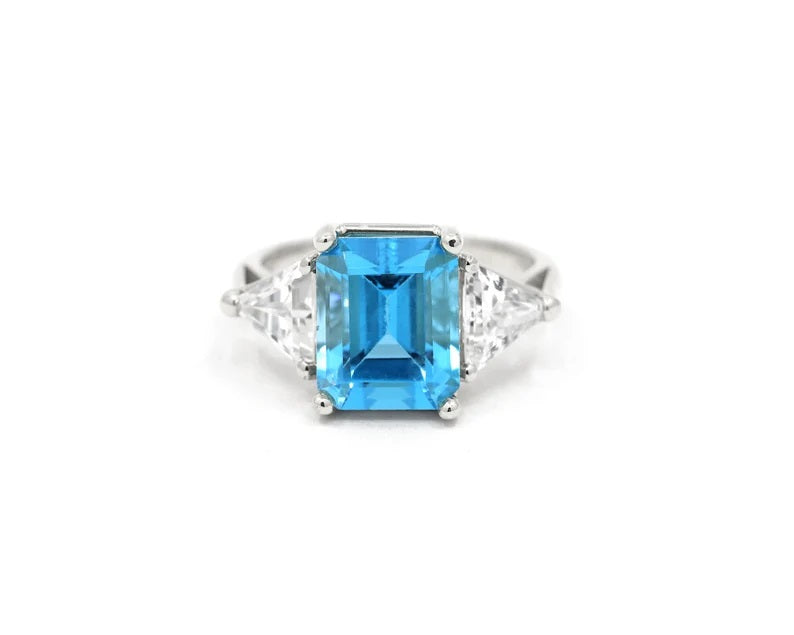 14K BLUE TOPAZ TRILLION CZ RING