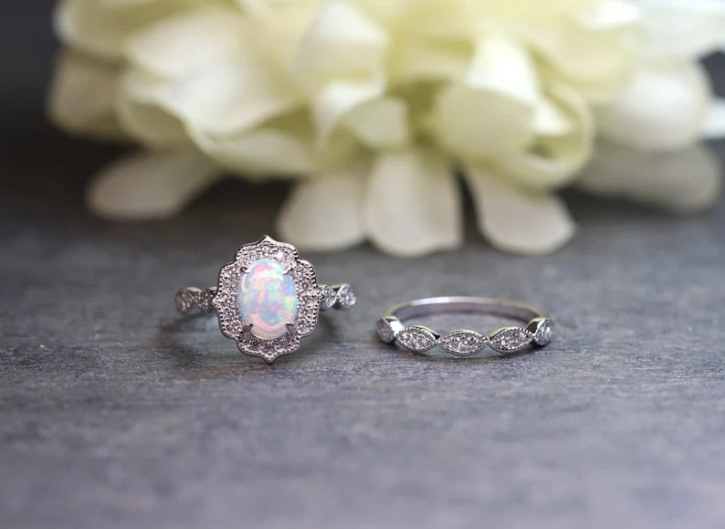 14K OPAL DIAMOND FLORAL BRIDAL SET