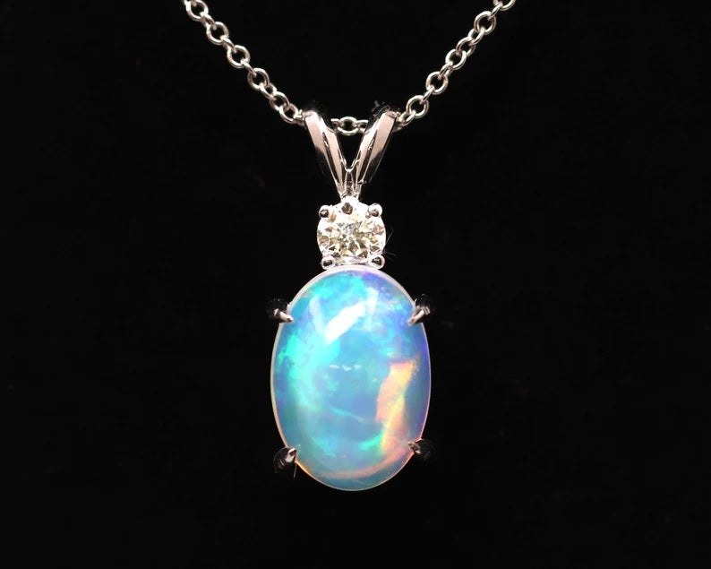 14K OVAL OPAL 1 DIAMOND NECKLACE