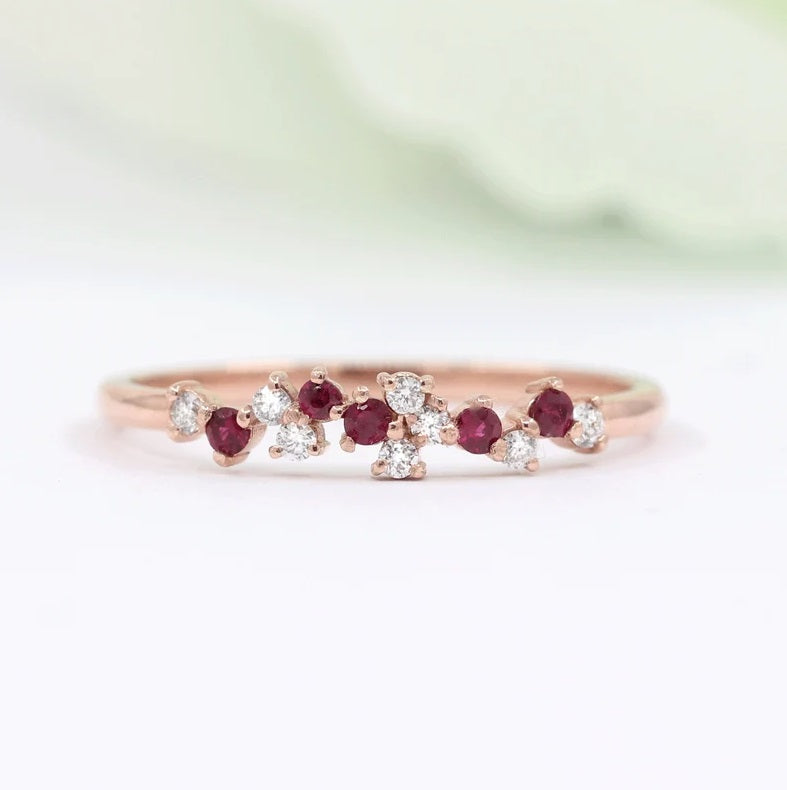 14K RUBY DIAMOND CLUSTER BAND