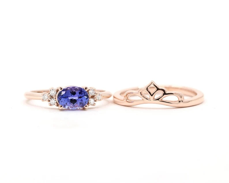 14K TANZANITE DIAMOND PLAIN CROWN BAND 2 RING SET