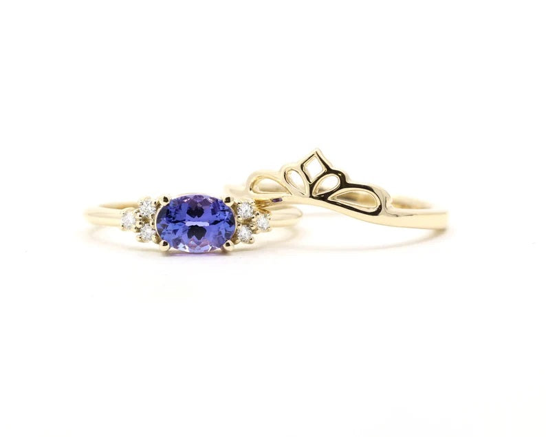 14K TANZANITE DIAMOND PLAIN CROWN BAND 2 RING SET